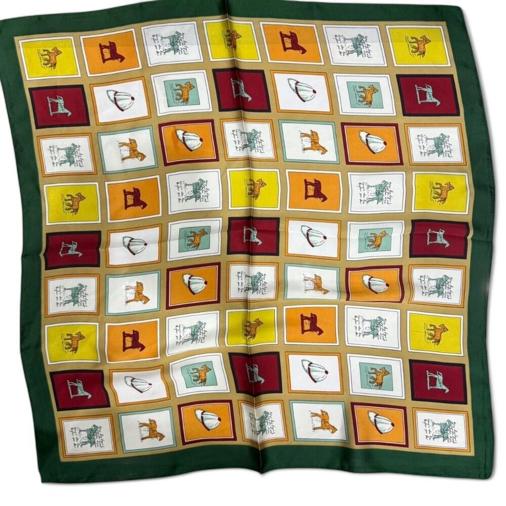 Equestrian Old Money Green Yellow Scarf horse pattern, NEW, Square 70 x 70 cm
